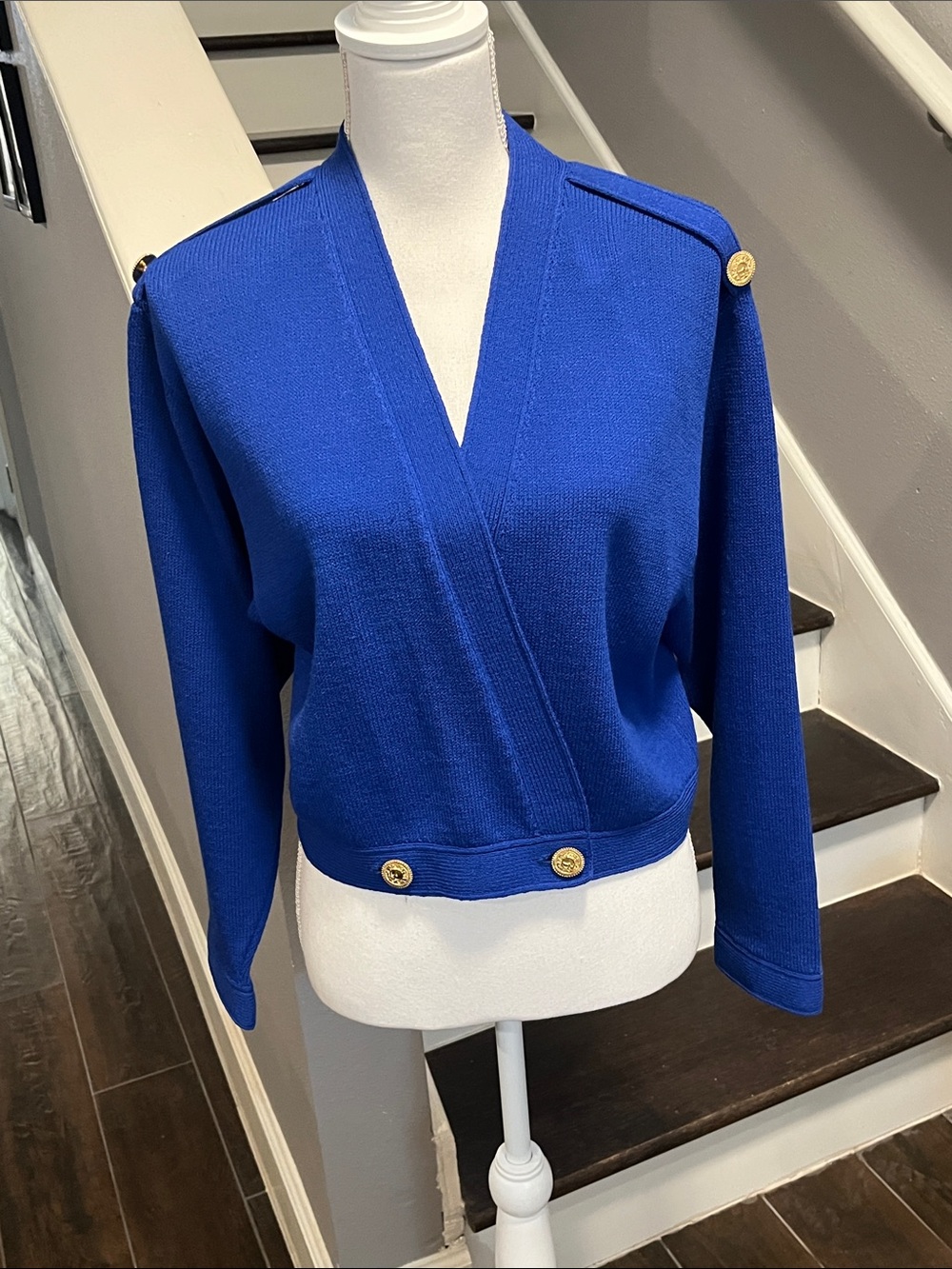 St.John Royal Blue V-Neck Button Accent Knit Women's Sweater Crossover Waist